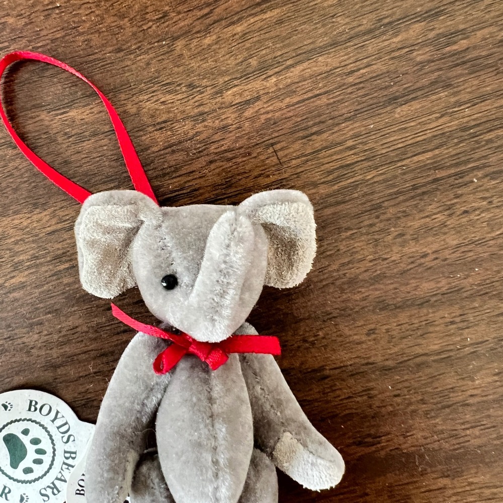 Boyds Bears TF Wuzzie Elephant Ornament Grey Plush Miniature Red Bow Tagged - Picture 2 of 4